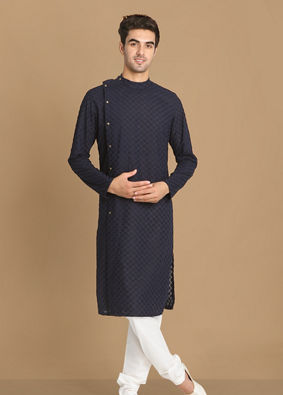 alt message - Manyavar Men Navy Blue Side Open Chikankari Kurta Set image number 1